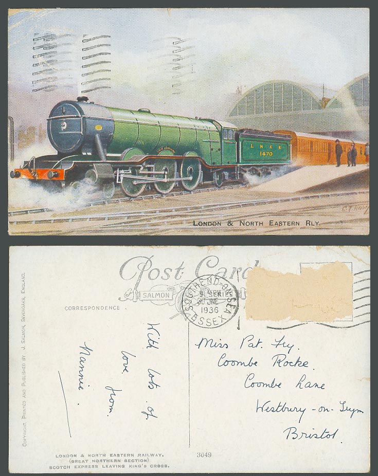 Scotch Express leaving King's Cross LNER 1470 Locomotive Train 1936 Old Postcard