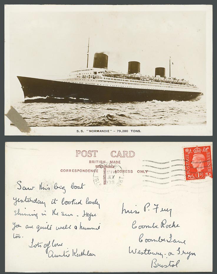 S.S. Normandie, French Ocean Liner Steamer Steam Ship 1938 Old R. Photo Postcard