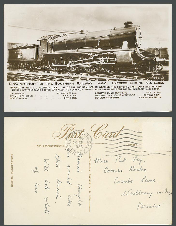 King Arthur Southern Railway 4-6-0 Express Locomotive Train 1936 Old RP Postcard