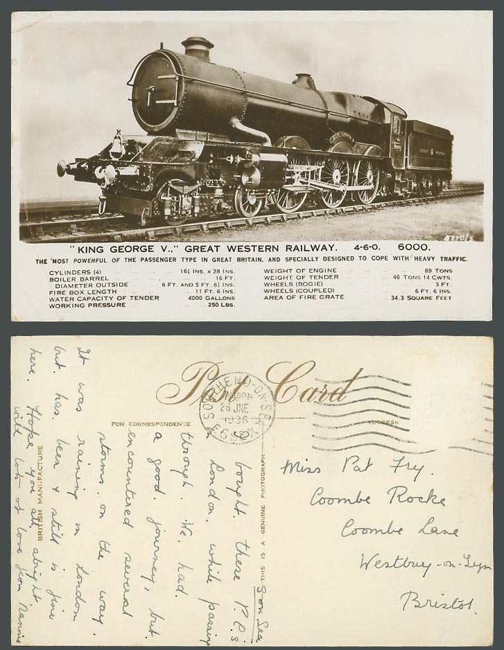 G.W.R. Great Western Railway King George V Locomotive Train 1936 Old RP Postcard