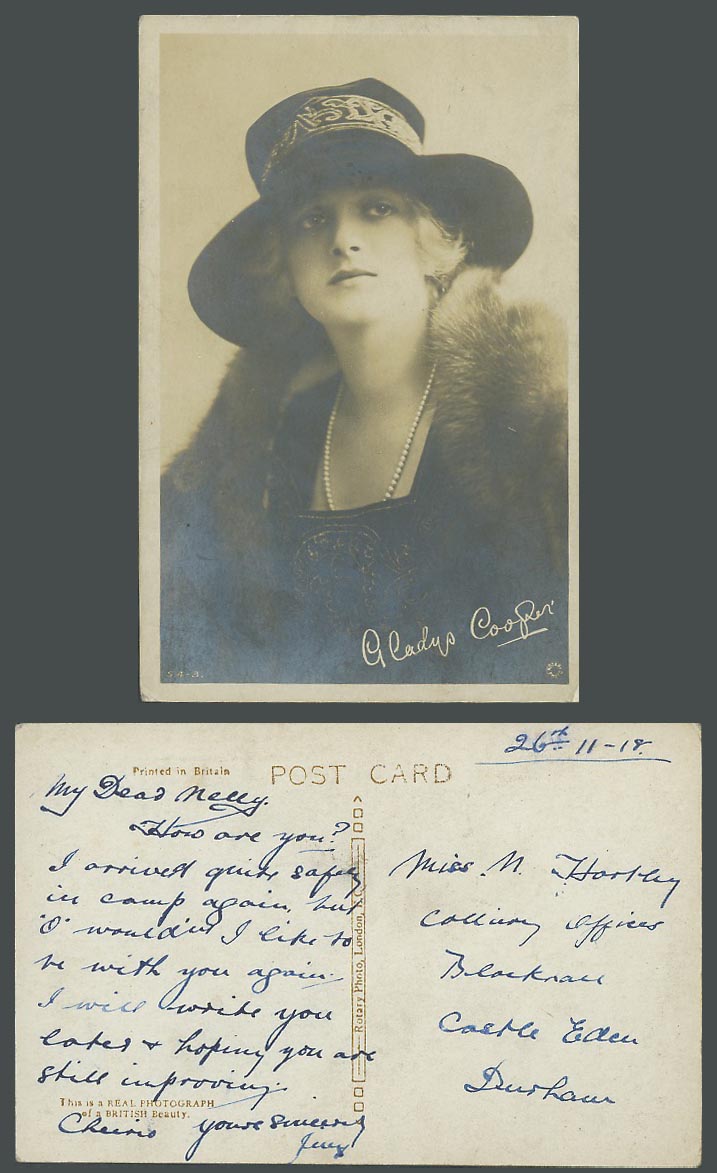 Actress Gladys Cooper Glamour Lady Hat w. Autograph 1918 Old Real Photo Postcard