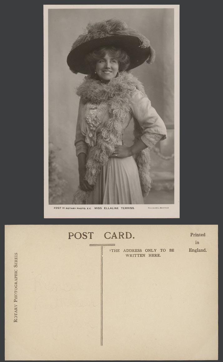 Actress Miss ELLALINE TERRISS, Glamour Lady, Large Hat Old Real Photo Postcard