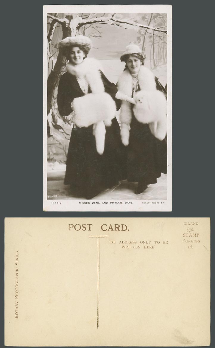 Actresses Miss ZENA DARE, PHYLLIS DARE Muff Hand Warmers Old Real Photo Postcard