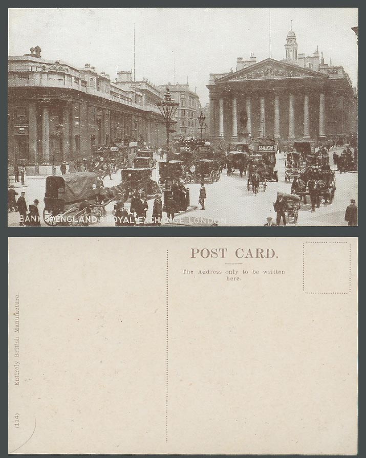 London Old Postcard Bank of England Royal Exchange, Horse Carts Street Scene 114