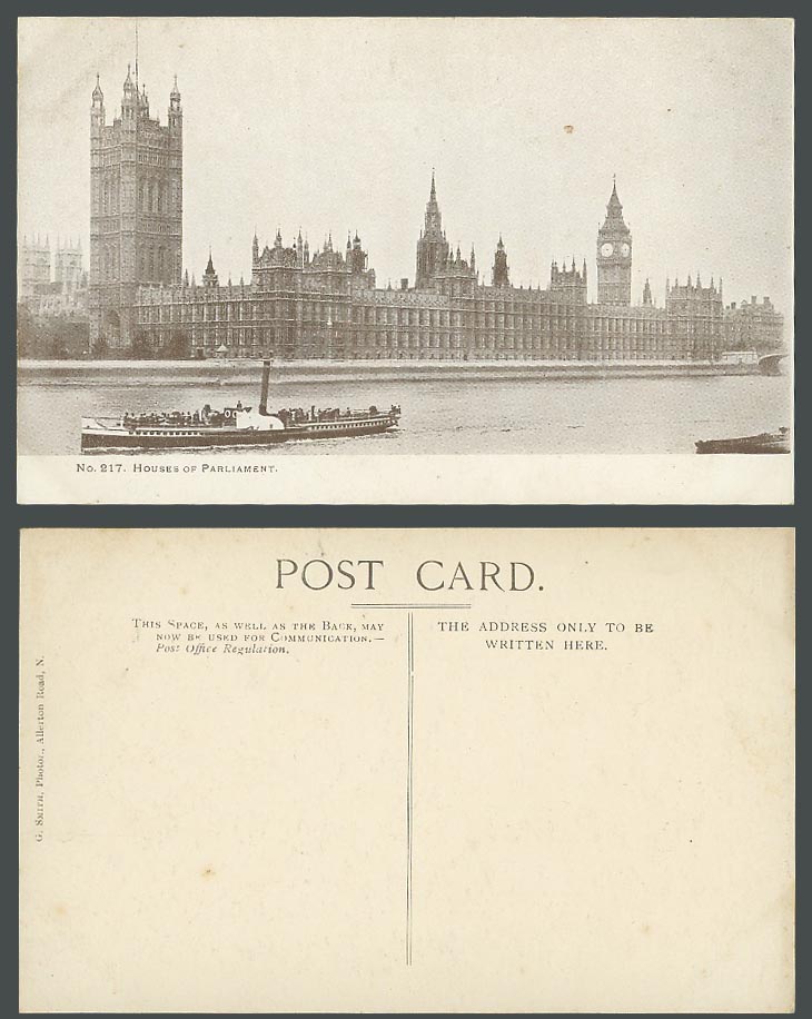 London Old Postcard Houses of Parliament, Big Ben, Paddle Steamer & Thames River
