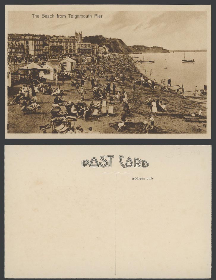 Teignmouth Beach from Teignmouth Pier, Boats Seaside Panorama Devon Old Postcard