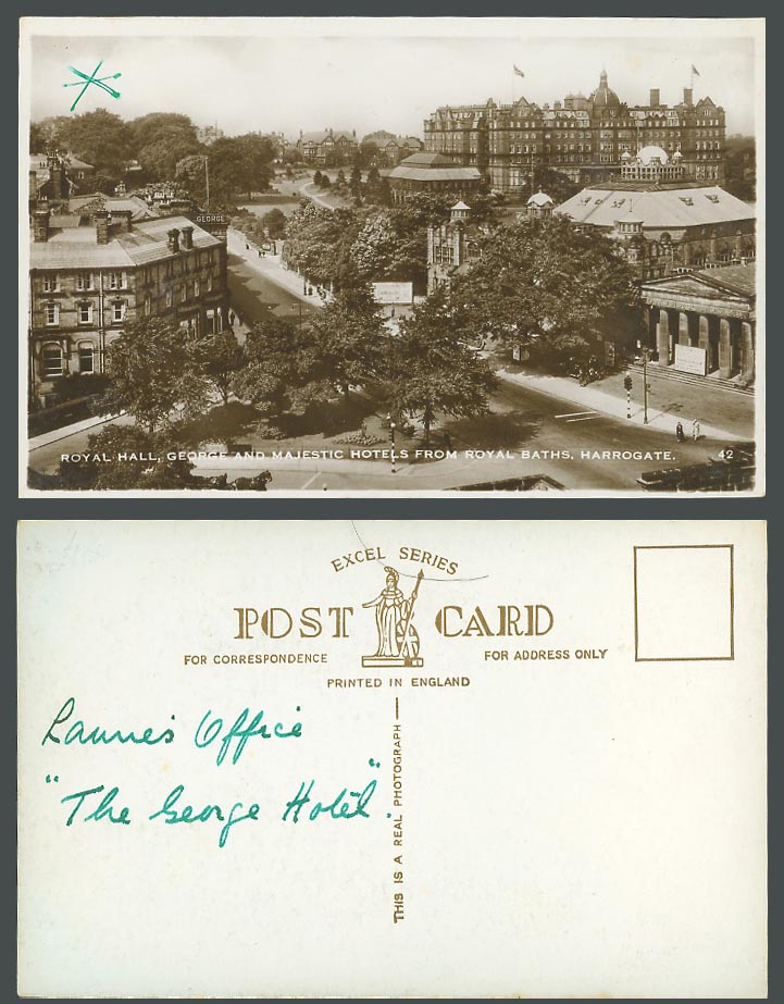 Harrogate Yorks Old Postcard Royal Hall, George Majestic Hotels from Royal Baths
