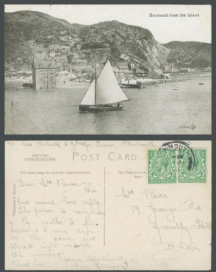 Barmouth from Island Wales Old Postcard Sailing Boat Vessel, Pier Jetty, Harbour
