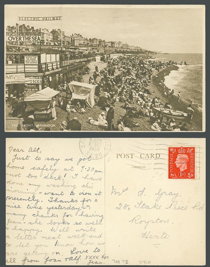 Brighton The Front Electric Railway Over The Sea Beach Tea Ice 1939 Old Postcard