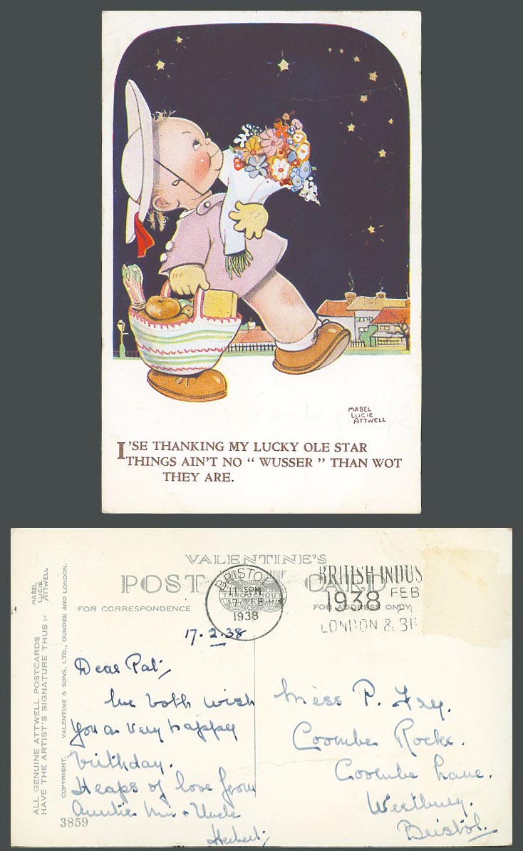 MABEL LUCIE ATTWELL 1938 Old Postcard Thank Lucky Ole Star Thing Not Worser 3859