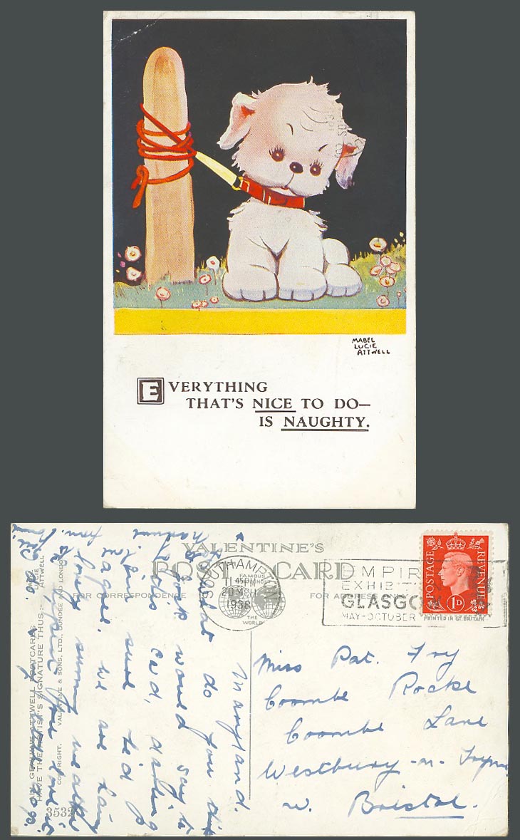 MABEL LUCIE ATTWELL 1938 Old Postcard Dog, Everything Nice To Do is Naughty 3532