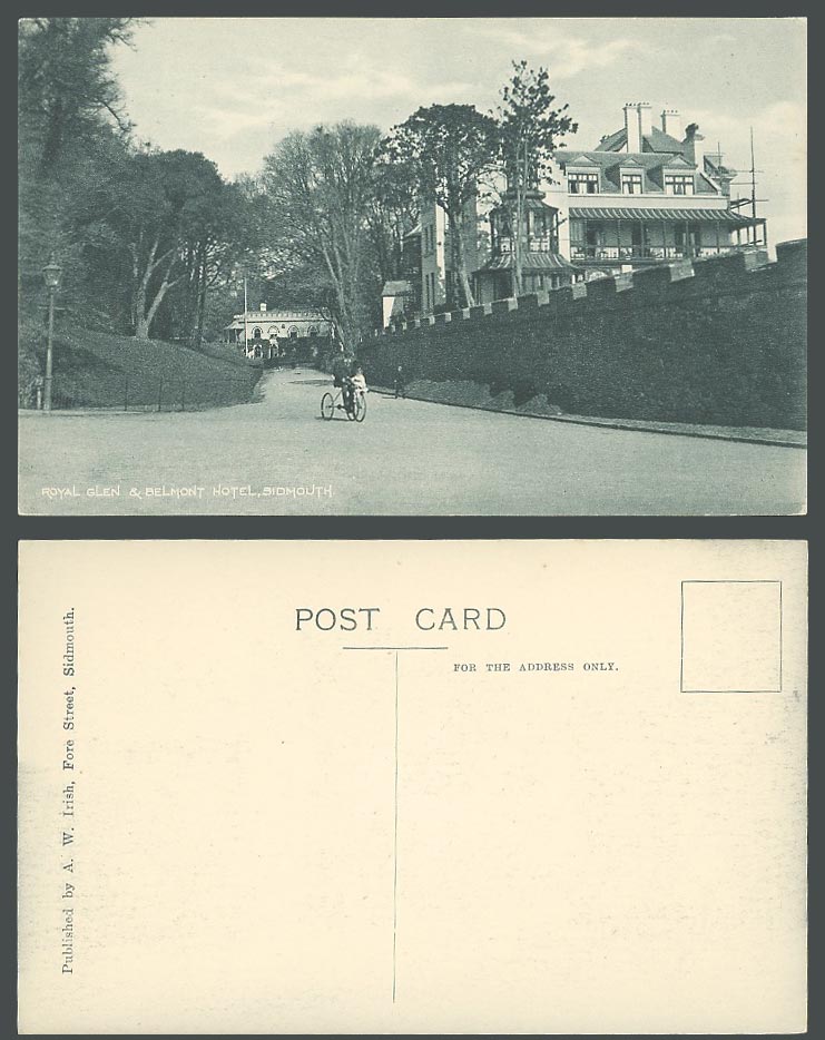 Sidmouth Devon Old Postcard Royal Glen & Belmont Hotel, Man & Child on Tricycle