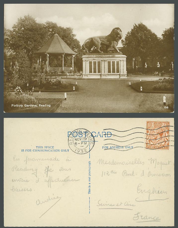 Reading Forbury Gardens Lion Monument Memorial Bandstand Berks 1932 Old Postcard