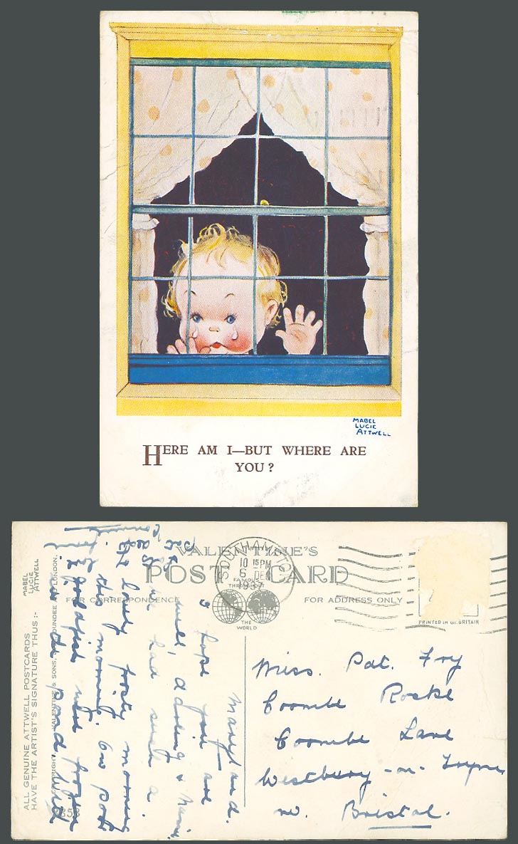 MABEL LUCIE ATTWELL 1937 Old Postcard Here Am I But Where Are you? - Window 3353