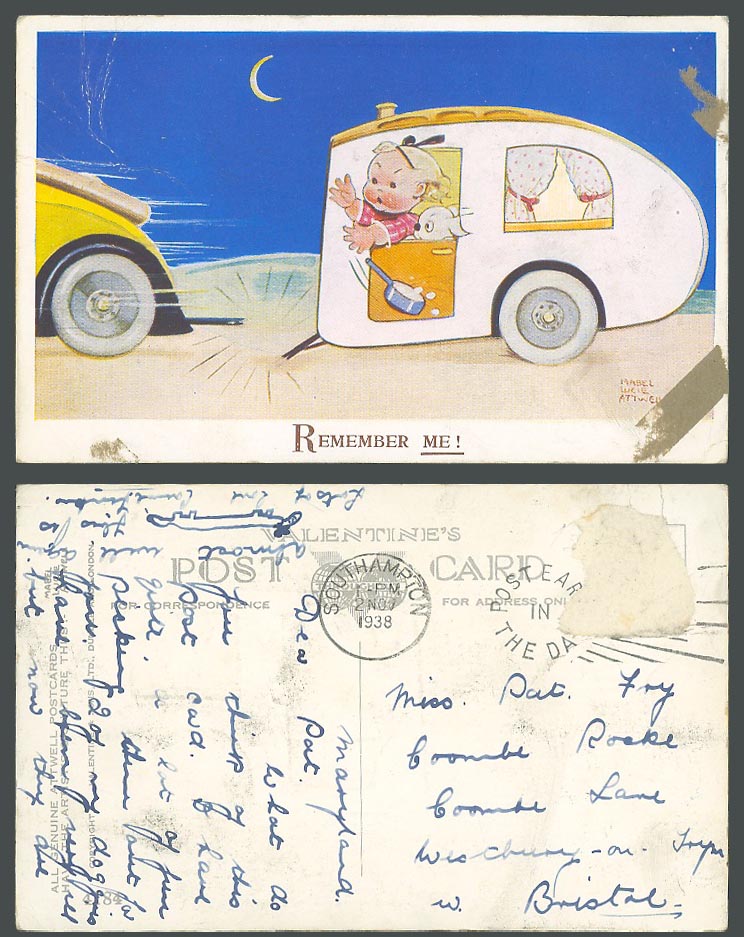MABEL LUCIE ATTWELL 1938 Old Postcard Remember Me! Detached Caravan Car Dog 4184