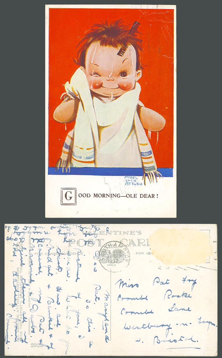 MABEL LUCIE ATTWELL 1937 Old Postcard Good Morning Ole Dear Girl Towel Comb 2923