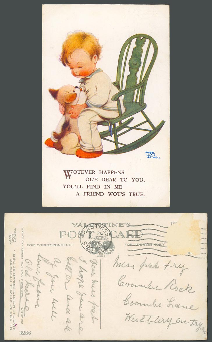 MABEL LUCIE ATTWELL 1936 Old Postcard Boy Dog, Rocking Chair, A True Friend 3286