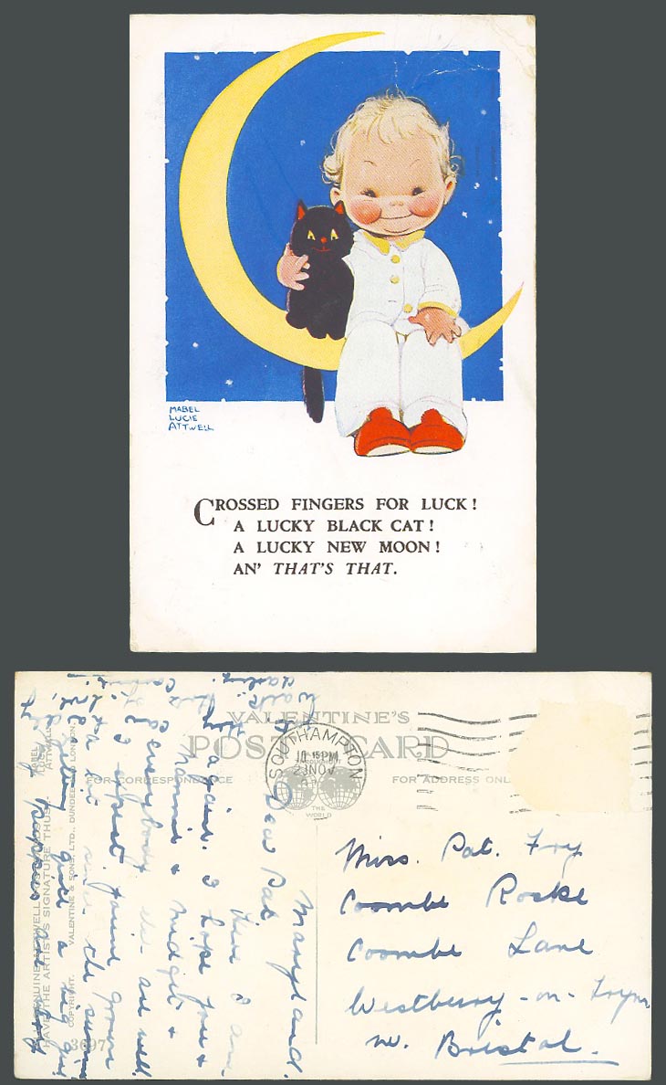 MABEL LUCIE ATTWELL Old Postcard Crossed Fingers for Luck! Lucky Black Cat! 3697