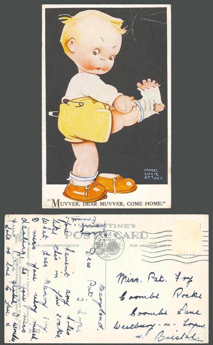 MABEL LUCIE ATTWELL 1936 Old Postcard Broken Sock, Dear Muvver, Come Home N.3023