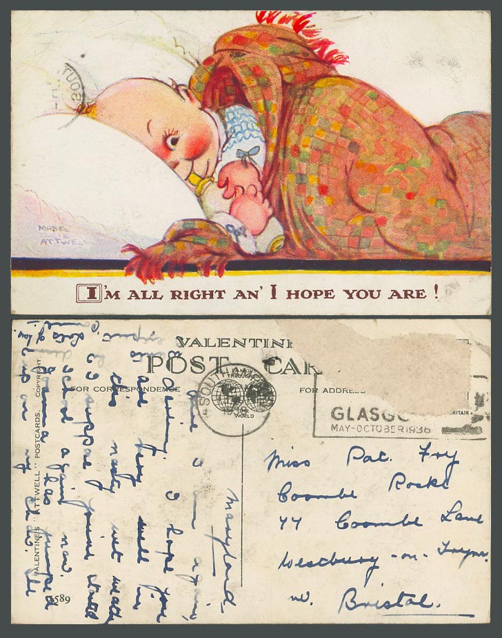 MABEL LUCIE ATTWELL 1938 Old Postcard I'm All Right an' I Hope You Are Baby 1589