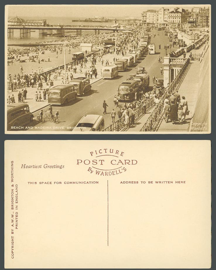 Brighton Beach and Madeira Drive, Street Scene Pier Vehicles Sussex Old Postcard