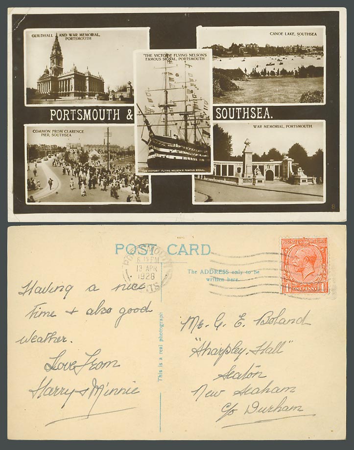 Portsmouth Southsea 1928 Old Postcard Guildhall War Memorial Canoe Lake, Victory