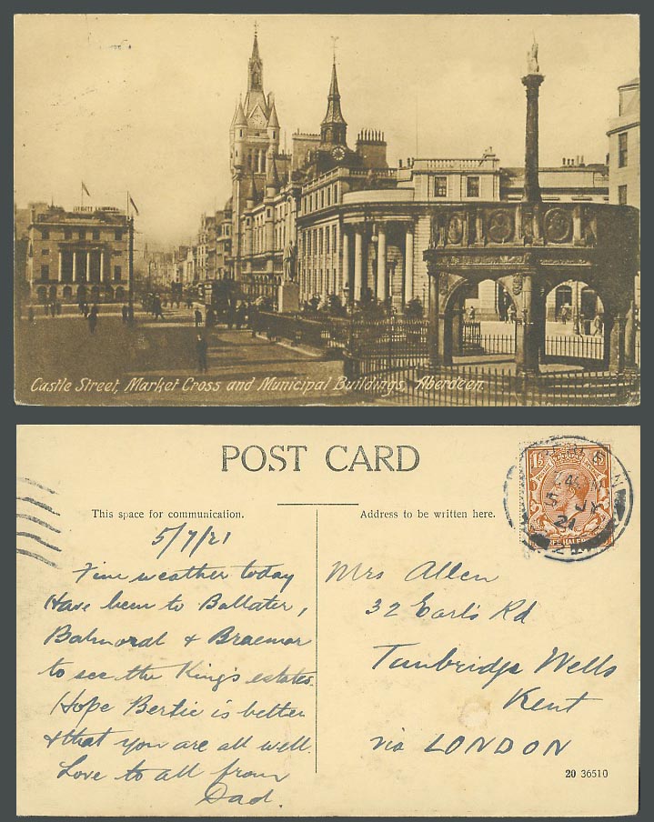 Aberdeen 1921 Old Postcard Castle Street Scene, Market Cross Municipal Buildings