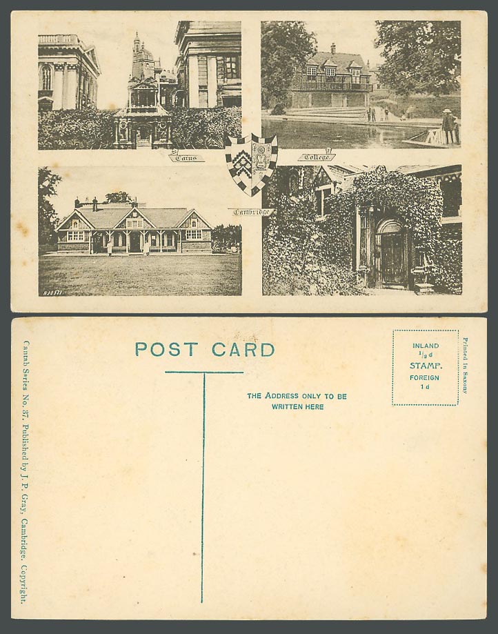 Cambridge Old Multiview Postcard College, Coat of Arms, Bicycle River J. P. Gray