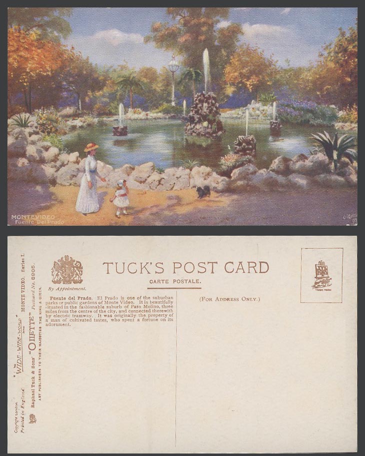 Uruguay Old Tuck's Oilette Postcard Montevideo, Fuente del Prado, Fountain, Park