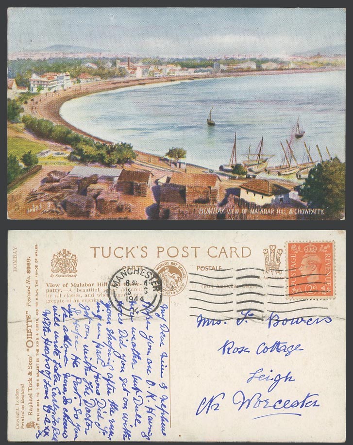 India 1911 Old Tucks Oilette Postcard Bombay View Malabar Hill Chowpatty Harbour