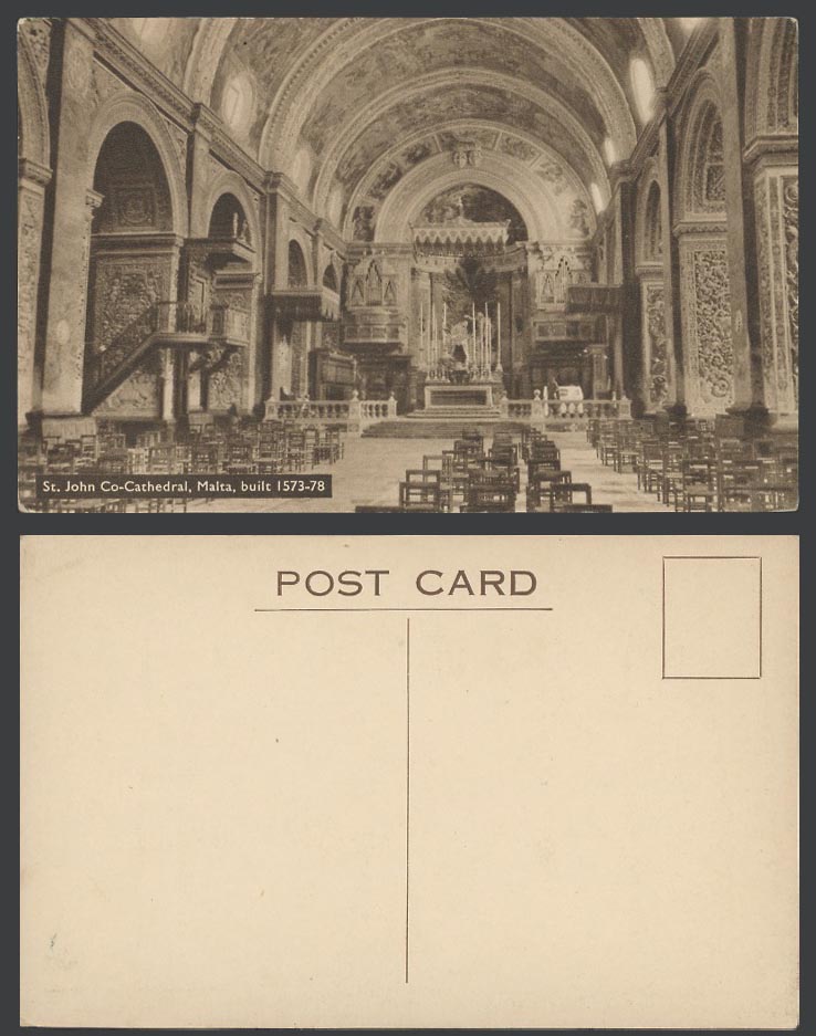 Malta WW2 period Old Postcard Interior of St. John Co-Cathedral Built 1573-78