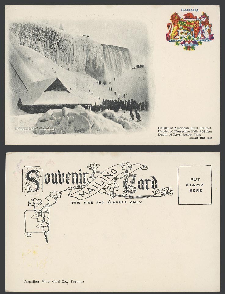 Canada Old UB Postcard Ice Bridge Niagara Falls Waterfall in Winter Coat of Arms