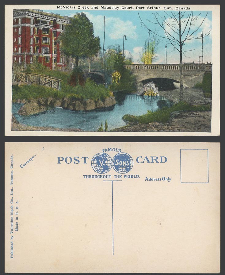 Canada Old Postcard McVicars Creek, Maudslay Court, Bridge, Port Arthur, Ontario