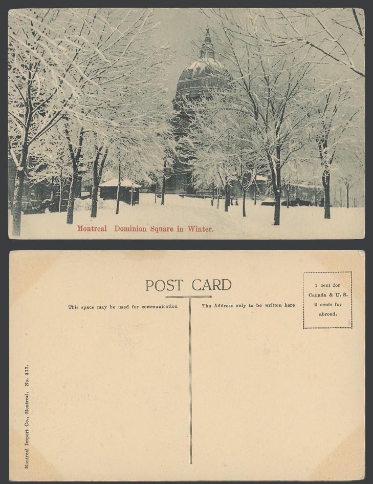 Canada Old Postcard Dominion Square in Winter Montreal, Snowy Street Scene Trees