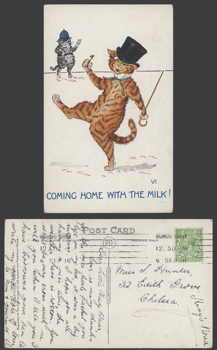 Violet Roberts Artist Signed Cats 1916 Old Postcard Coming Home with Milk Police