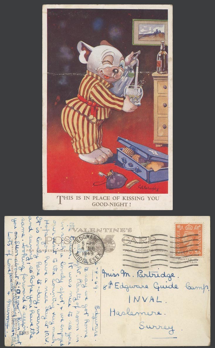 BONZO DOG GE Studdy 1949 Old Postcard Is in Place of Kissing You Good Night 3493