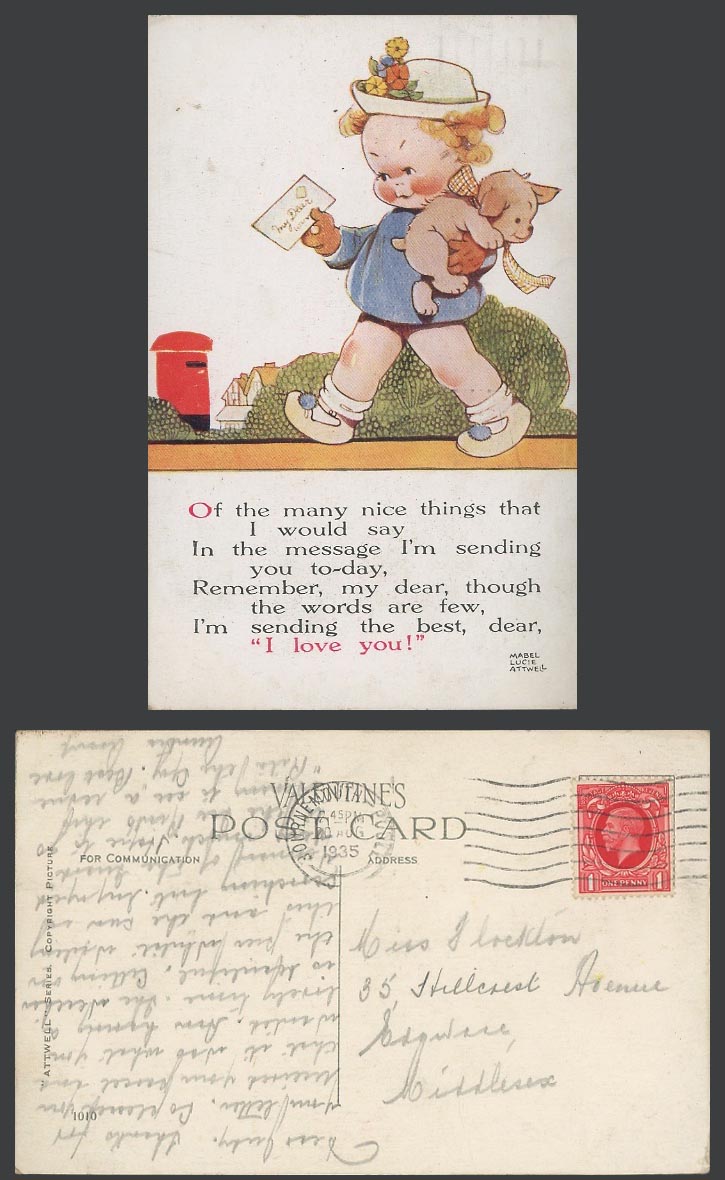 MABEL LUCIE ATTWELL 1935 Old Postcard Message I'm Sending U, I Love You 1010 Dog