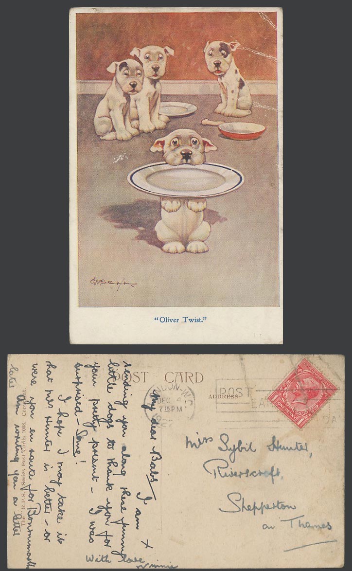 BONZO DOG G.E. Studdy 1922 Old Postcard OLIVER TWIST Plates Bone Puppy Dogs 1008