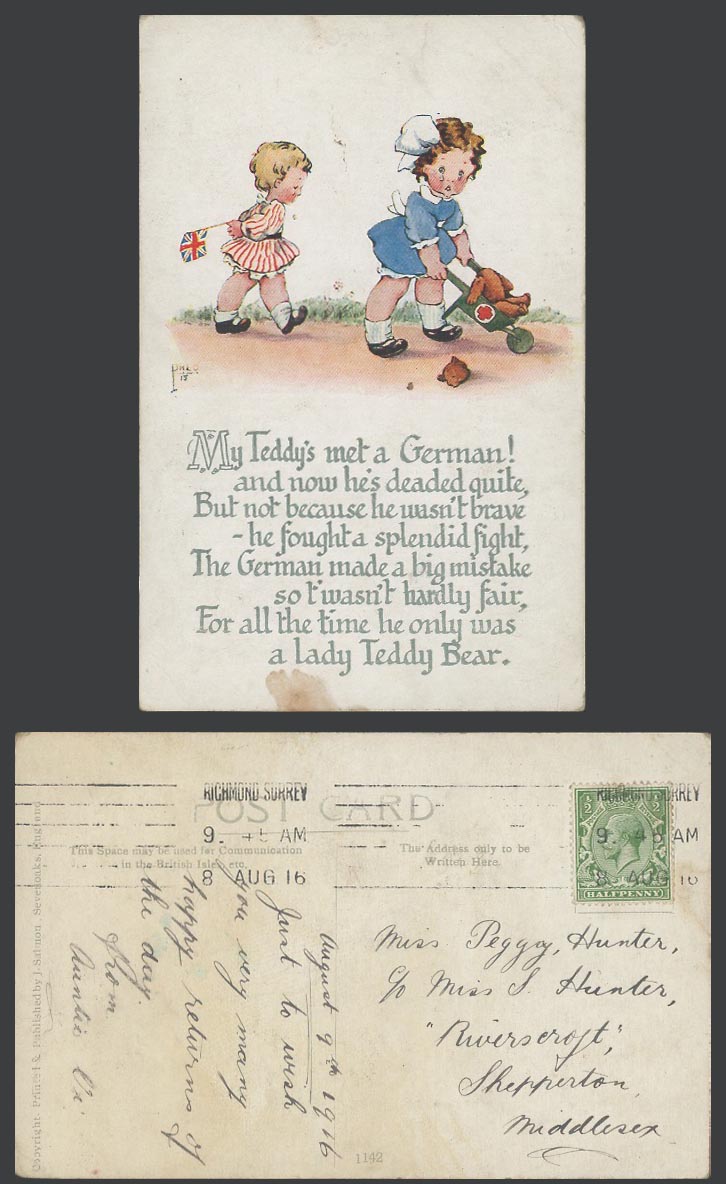 Teddy Bear Comic 1916 Old Postcard My Teddy's met a German now he's Deaded quite