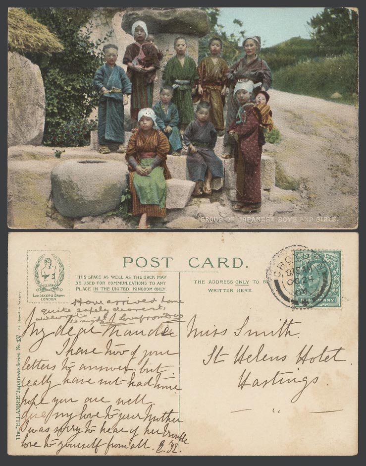 Japan 1904 Old Postcard Japanese Boys Girls Group Native Children Carry Babies