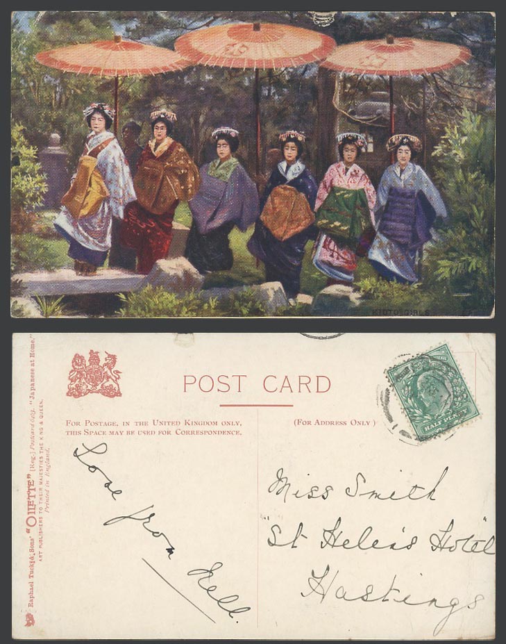 Japan 1904 Old Tuck's Oilette Postcard Kyoto Geisha Women Ladies on Stone Bridge