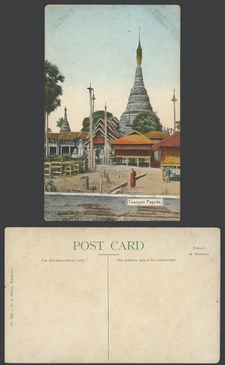Burma Myanmar Old Colour Postcard Toungoo Pagoda Temple, Statue and Native Monk