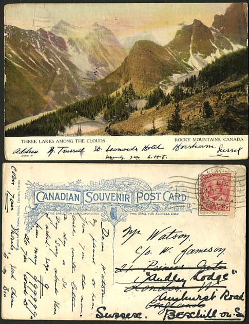 Canada Old Postcard 1909 Three Lakes Rocky Mountains 2c