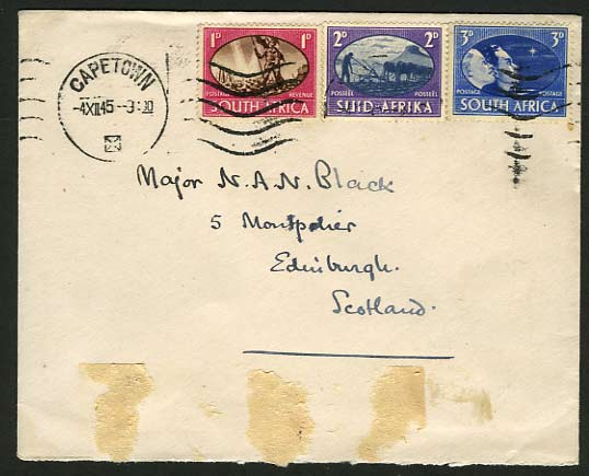 South Africa 1945 SG108-110 Capetown Cover to Scotland