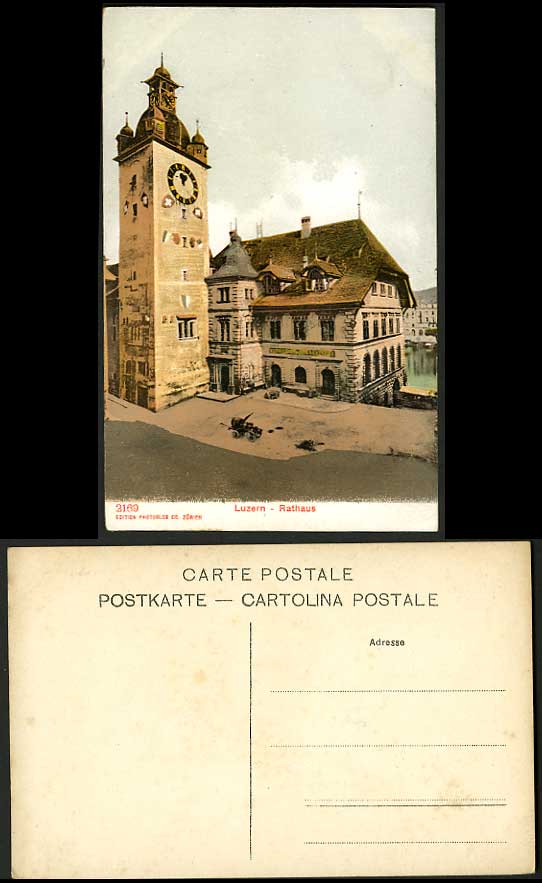 Switzerland Old Postcard Luzern Rathaus Town Hall Clock