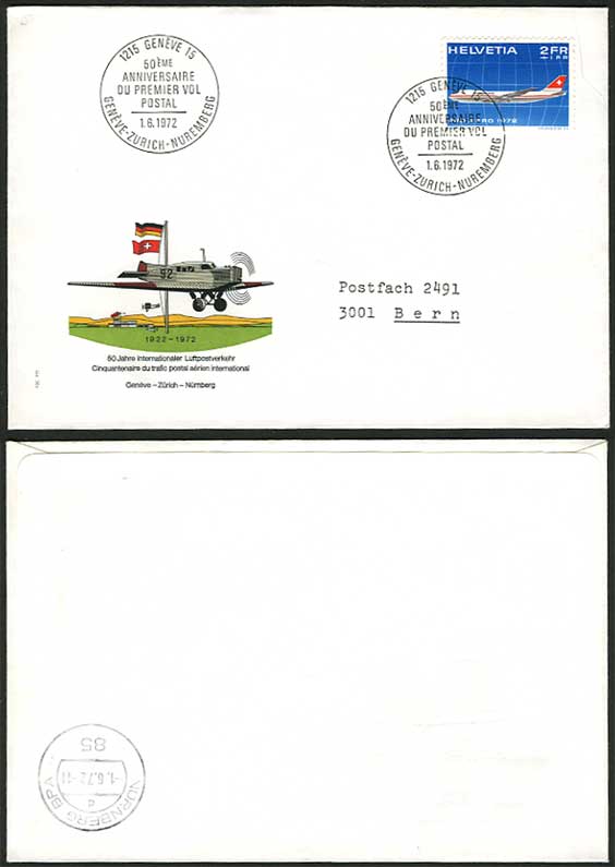 Swiss Geneve 1972 50th Anniversary First Flight Cover