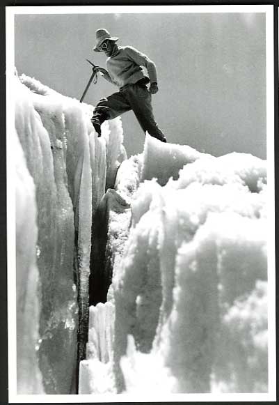 Tibet EVEREST Expedition 1936 Postcard Team Member cross Crevasse using Ice-Axe