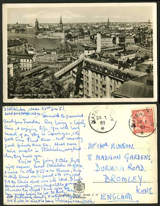 Sweden 1951 Postcard STOCKHOLM - Utsikt fran Mosebacke