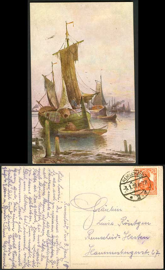 Germany 1919 Old Postcard PAINTING OF SAILING BOAT SHIP