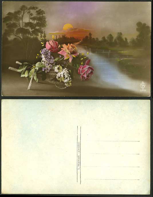 Rose Flowers Bunch Old Hand Coloured Postcard - Sunset